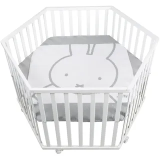 roba Laufgitter 6-eckig inkl. Einlage miffy® - Laufstall 3-fach höhenverstellbar - Mobiles Krabbelgitter auf Rollen - Holz weiß