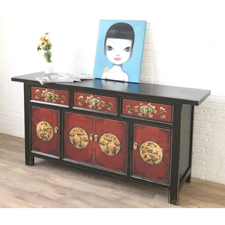 Sideboard Kommode Schrank Lowboard Möbel chinesisch asiatisch orientalisch rot-schwarz Büffet Anrichte Vintage Shabby Chic Landhaus Stil China Asia - Rot, Schwarz