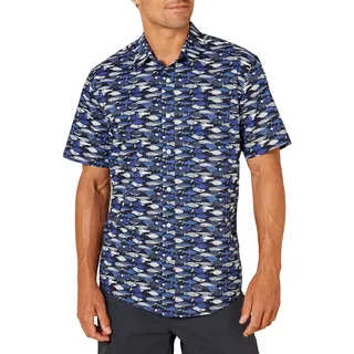 Amazon Essentials Herren Kurzärmeliges Sommerhemd mit Aufdruck, Normale Passform, Blau Fisch, XL