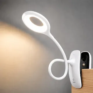 QJUZO Klemmlampe Bett Kinder, LED Leselampe mit Klemme USB Wiederaufladbar, 3 Farben Touch Dimmbar, Augenschonende Bettlampe mit flexiblem Schwanenhals für Kinderzimmer, Hochbett, Lesen, Weiß