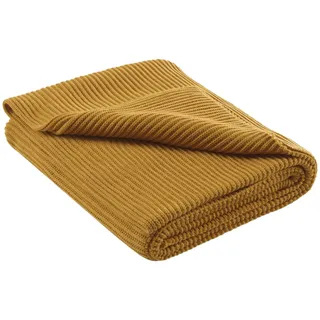 wometo eco-line Kuscheldecke Strick 140x190 60% recycelt Oeko-TEX gelb | Strickdecke Wohndecke warme weiche Decke mit geradem Strickmuster