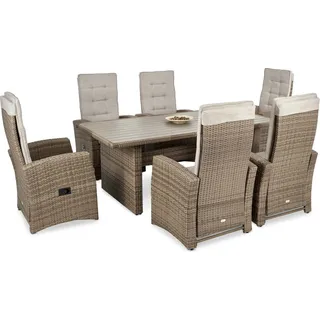 di volio Gartenmöbel-Set Rawena Beige, Terrassenmöbel aus wasserfestem Polyrattan und Stahl, Gartenmöbel für 6 Personen - Esstisch & 6 Sessel - Beige