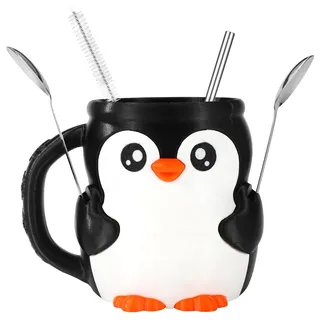 Lyreh Niedlicher Pinguin Eisbecher-Halter, Dicht Eisbecher-Behälter mit Löffeln Edelstahl-Strohhalm & Bürste Wiederverwendbare Bierdosen-Hülle mit Griff Eis am Stiel-Halter
