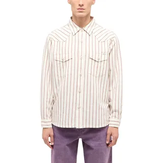 Langarmhemd MUSTANG "Herren Style Branson", Herren, Gr. M, US-Größen, beige (braun 12898), Twill, 70% Baumwolle, 30% Leinen, gestreift, relaxed fit, Hemden Langarmhemd