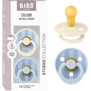 BIBS Colour Studio Schnuller 2er-Pack. BPA-frei. Kirschform Nippel. Naturkautschuk/Latex. Hergestellt in Dänemark. Größe 1 (0-6 Monate). Block Baby Blue Dusty Blue