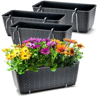 BigDean 4 Balkonkästen mit Metall Halterung 39 cm lang & Bewässerungssystem | Blumenkästen für Balkon Geländer Farbe Anthrazit in Rattan-Optik 39 x 15,5 x 14 cm