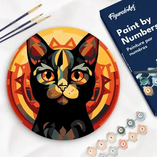Figured'Art Malen nach Zahlen für Erwachsene auf einer Holzscheibe von 30 cm Durchmesser - Art-Deco-Schwarze Katze - Paint by Numbers Basteln DIY Bastelset