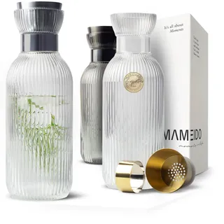 MAMEIDO Wasserkaraffe 1,5l & 1l - Glaskaraffe mit Deckel & Sieb, mundgeblasene Karaffe Glas, Wasserkrug mit edler Optik für besondere Anlässe, Karaffen zum Verschenken (Crystal Silver, 1500ml)