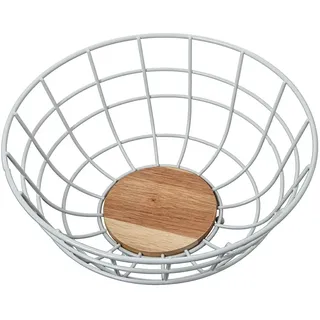 DRW Runde Obstschale aus Metall und Holz in Natur und Weiß, 28 x 28 x 11 cm