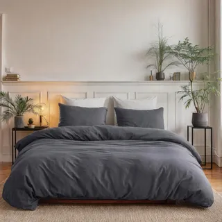Sleeptime 100% Baumwolle Bettwäsche 240cm x 220cm Anthrazit - weich & bügelfrei Bettbezüge mit Druckknöpfe - Einfarbig Bettwäsche Set mit 2 Kissenbezüge 60cm x 70cm