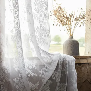 YJ YANJUN 2er Set Vorhänge Mit ösen Weiss Vintage Gardinen Kurz Spitze Vorhang Mit Blumenmuster Stores Gardine Häkelgardine Schal für Wohnzimmer Schlafzimmer Mädchenzimmer, (BxH) 140x175 cm, Weiß