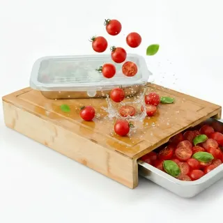 Holz Schneidebrett mit Auffangschalen und Deckeln | schneiden, sammeln und aufbewahren | praktisches Küchenzubehör | Ideales Schneidbrett für effizientes Kochen | XXL Holzbrett Küche, Cutting Board