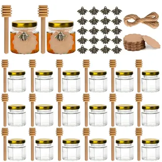 SXUUXB Kleine Honiggläser, Mini Honiggläs mit Honiglöffel, Kleine Gläser, Bronze Beed, Hanfseil, Dankeskarten, Organzabeutel, Perfekt für Hochzeit Kommunion Geburtstag Gastgeschenk, 20 Stück 45ml