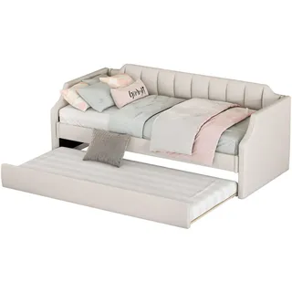 Flieks Tagesbett 90x200cm Beige Gepolstert Einzelbett mit Rollbett Klappbar , Holz , 90x200 cm , Schlafzimmer, Betten