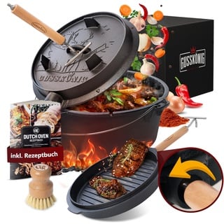 GUSSKÖNIG Dutch Oven Set - Eingebrannter Dutch Oven 12 Liter - Feuertopf Gusseisen mit Füßen - Schmortopf Doppelfunktion - inkl. 2in1 Deckelheber, Bürste & Dutch Oven Rezeptbuch [für 8-10 Personen]