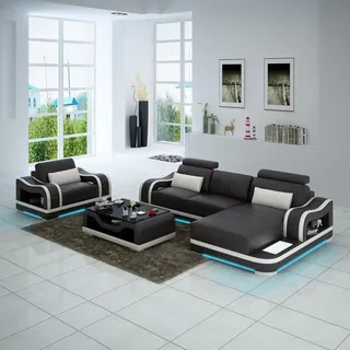 Ledersofa Couch Wohnlandschaft Ecksofa+Sessel  Eck Garnitur Modern Sofa + USB - Schwarz