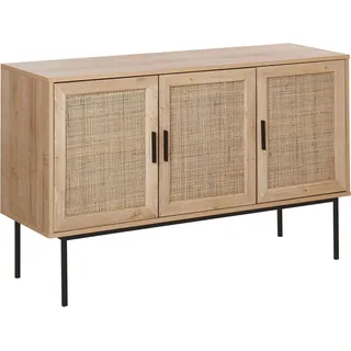 BELIANI Sideboard Heller Holzfarton Schwarze Metallbeine und Handgriffe 76 x 120 x 40 cm Boho Stil Drei Rattan Türen Schlafzimmer Wohnzimmer - Hellbraun, Schwarz