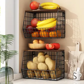 Obstkorb Hängend wand Schwarz für Obst und Gemüse Aufbewahrung, 2 Etagere