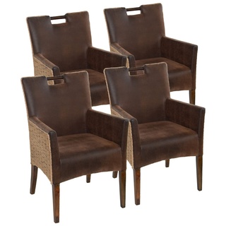 kreatives Wohnen Esszimmer Stühle Set 4 Stück Rattan Armlehner Sessel Bilbao vollgepolstert Polster Prairie Brown, Holz, Hellbraun, Extra breit