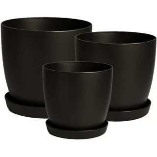 Home Garden Ornaments Blumentopf & Übertopf Kunststoff Mit Untersetzer, Matt, Ohne Ablaufloch, 14/16/18 cm (Schwarz Grafit)