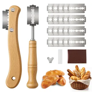 Bäckermesser 2er Set - 20 Ersatzklingen - Teigmesser Set für Gerade und Geschwungene Schnitte, Brotmesser zum Einschneiden von Baguette, Brötch, Brot Backen Zubehör für DIY Brotteig Muster
