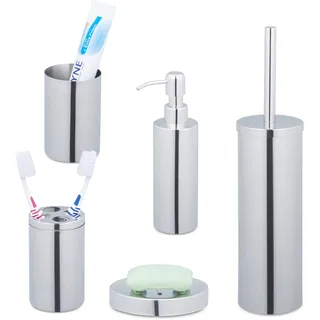 Relaxdays Badezimmer Set, 5-teilig, Badaccessoires Edelstahl poliert, komplette Badezimmerausstattung, modern, Silber