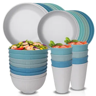 Unzerbrechliches Geschirr Set für 8 Personen, Kunststoff Teller und Schüsseln Set, Wiederverwendbares Geschirr-Set, Camping, Picknick, Zuhause, Party, Besteck Set, 16 Teller, 8 Schüsseln, 8 Tassen