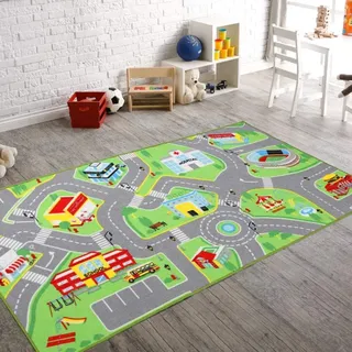 Booooom Jackson Kinder Spielteppich Straße 80x150 cm mit Rutschfester Rückseite,Farbenfroher Kinder Teppich für Schlafzimmer und Spielzimmer,Teppich Zum Thema Transport Spielteppich