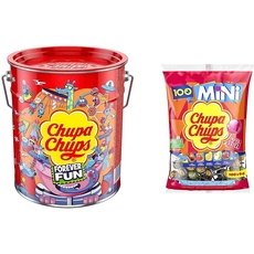 Chupa Chups Best of Lollipop-Eimer, enthält 150 Lutscher in 6 Geschmacksrichtungen in der Pop-Art Metall-Dose & Mini Classic Lutscher-Beutel, enthält 100 Mini-Lollis in den 5 Geschmacksrichtungen Cola