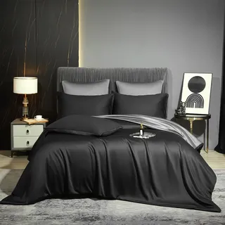 Luofanfei Bambus Kühlende Bettwäsche 135x200 cm Schwarz Grau Sommer Uni Bambusfasern Lyocell Glänzend Bettwäsche Set Atmungsaktiv Bamboo Zweiteilig Bettbezug 135 200 Einzelbett mit Reissverschluss