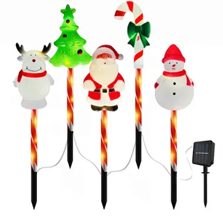 5 Stück Solar Lichterkette Außen Dekorationen, Weihnachts-Gartensteckleuchten 8 Modi Wasserdichte LED-Außenbeleuchtung mit Weihnachtsmann, Rentier, Schneemann, Baum und Zuckerstange (Weihnachten)