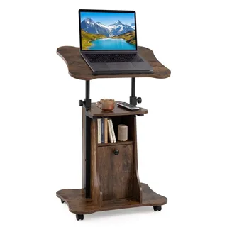 Costway Mobiler Stehpult 55x40cm, höhenverstellbarer Rednerpult mit Rollen, neigbarer Tischplatte & offenen Fächern, Schreibpult zum Stehen/Sitzen - Braun