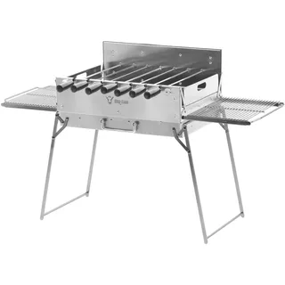 BBQ-Toro Holzkohlegrill mit elektrischem Spießdreher, Edelstahl, klappbar, Campinggrill mit Tragetasche und 7 Spießen - Silber