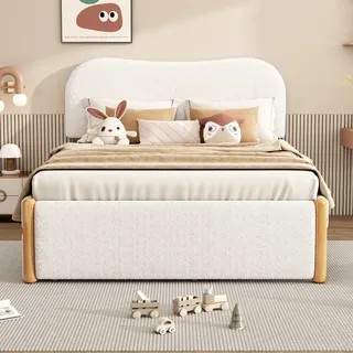 Polsterbett mit Lattenrost, Gästebett und Kopfteil, 140x200 cm, Doppelbett, Jugendbett, Sherpa - Weiß