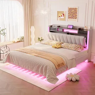 Ball & Cast Bed Frame (140x200 cm), Schwebebett mit Beleuchtung und Ladestation, Metallbett Kopfteil mit Stauraum, Leinen, Beige, Ohne Matratze