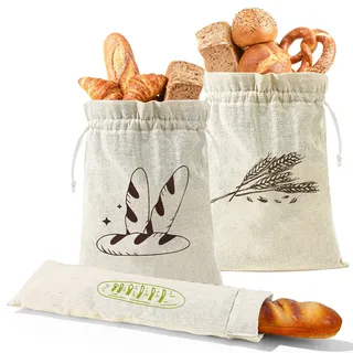 3 Stück Brotbeutel, Brotkorb Stoff mit Kordelzug, Brötchenkorb zur Deko, Staubdicht Brotsack, Brotkorb Modern Wiederverwendbar, Brotaufbewahrung für Brot Baguette Reis Weitere Obst Gemüsebeutel