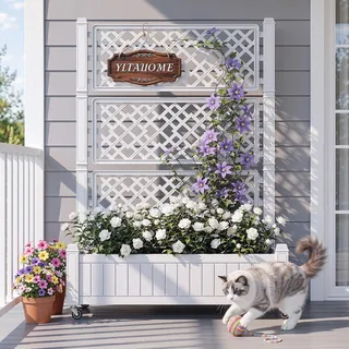 DWVO Hochbeete mit Rankgitter 108.5 * 44 * 155cm, Garten-Rankgitter mit Rädern, Drainagelöcher und Stopfen für Kletterpflanzen, erhöhter Übertopf hält 6.8 kg für Gemüse, Blumen(Weiß)