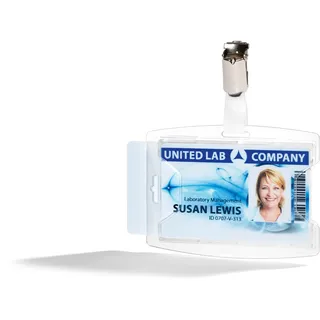 Durable Ausweishalter mit Clip für 2 Karten, 25 Stück, transparent, 896219 | Kartenhalter aus PP, seitliche Aussparung zur Entnahme, Nutzung im Hoch- oder Querformat, 54 x 85 mm