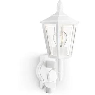 Steinel Außenleuchte L 16 S Weiß mit Bewegungsmelder – Wandleuchte für Außen, 180° PIR-Sensor bis 10 m, Dämmerungsschalter, IP44 wetterfest, E27-Fassung, Außenbeleuchtung für Haus, Terrasse & Eingang