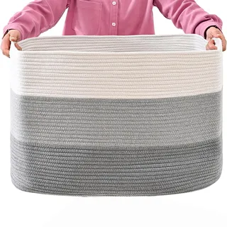 Wäschekorb geflochten aus Baumwolle (55x43x30,5cm) - Handgefertigter Wäschesammler mit Griff - Weiß & Braun - Formstabiler Aufbewahrungskorb für Wäsche, Spielzeug & Mehr (Grau)