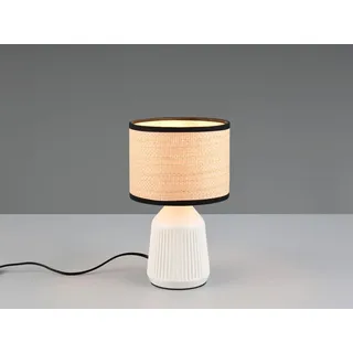 LED Tischlampe dimmbar, Keramikfuß Weiß, Papierschirm geflochten, Höhe 26,5cm