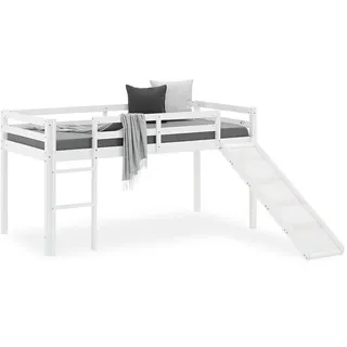 Homestyle4u Hochbett 90 x 200 cm Kiefer massiv lackiert Weiß