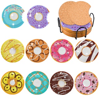 KRUCE 10 PC Donuts Thema Diamant Malerei Untersetzer, Donut Diamant Kunst Untersetzer mit Halter Teetasse und Kork Matte für Anfänger Kinder Erwachsene Kunst Handwerk Zubehör