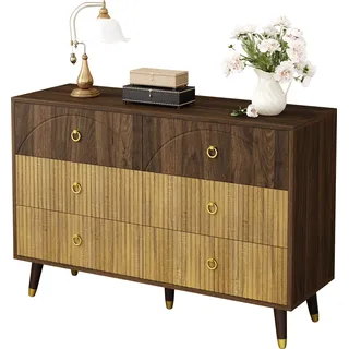 Kommode Sideboard - 120x40x81 cm, Dunkelbraun und Hell - 6 Schubladen mit goldenen Ringgriffen - Konische Massivholzbeine - Retro-Design