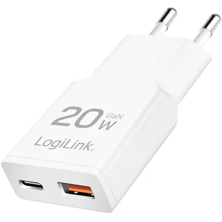 Logilink PA0346 - Dual USB GaN (Gallium-Nitrid) Ladegerät, 1x USB-C (PD), 1x USB-A (QC), 20 W