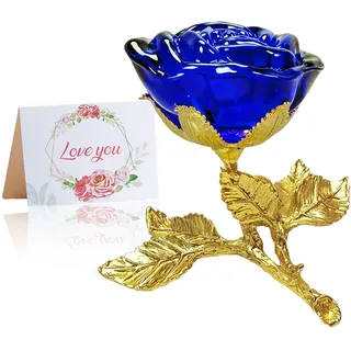 Blau Kristall Rose Figur mit Golden Stiel,3D Glasrose Geschenk für Sie, K9 Kristallrose mit Wunschkarte,Ewige Blume für Frauen zum Geburtstag, Muttertag, Hochzeit, Jahrestag, Valentinstag, Weihnachten
