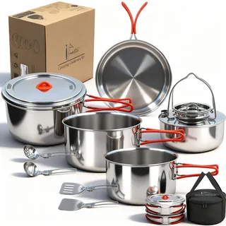Ipretti Tragbares Camping-Kochgeschirr-Set aus 18/8 Edelstahl, 11-teilig, stapelbares Design, große Kapazität, Töpfe und Pfanne mit Kessel, kompakt für Picknick und Familien-Kochen im Freien (4–8