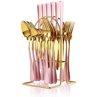 24-teiliges Flatware Set, Edelstahl Besteck Set mit Silberbesteck Halter, Löffel, Gabeln und Messer, Geschirr Set Service für 6, Gold Spiegel poliert und matt rosa lackiert (Roségold)