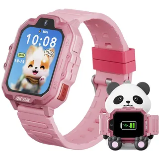 OKYUK T17 Smartwatch Kinder, 4G Kinder Smartwatch mit GPS & Videoanruf, SOS Notruf, Sprachchat, SMS, Schulmodus,Spiele & Panda-Ladestation, Kinderuhr für Mädchen und Junge (Rosa)