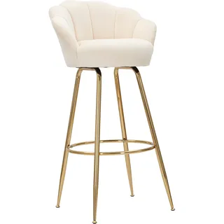 Barhocker Vienna Glam in Creme und Gold – Hoher Samthocker mit goldfarbenen Metallbeinen in Blütenform, Sitzhöhe 90 cm - Beige